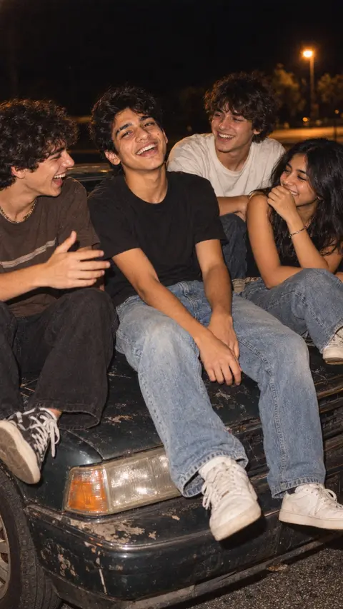 Four teenagers laughing on the hood of an old car at night