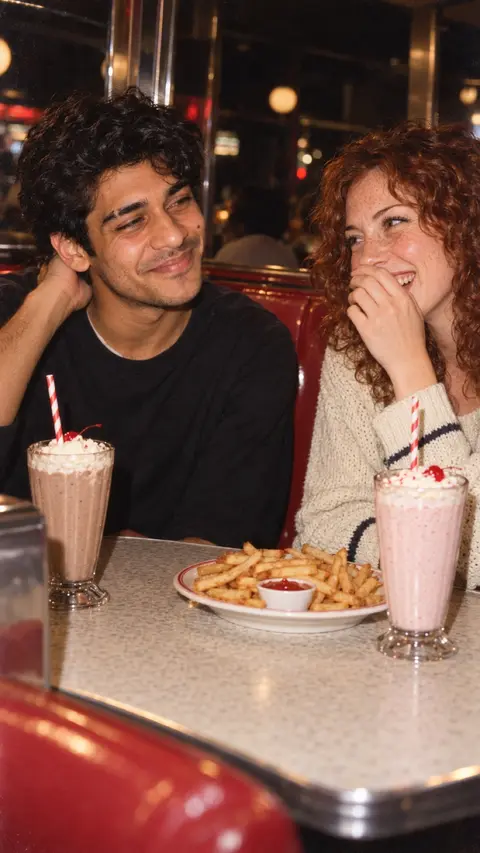 Leo and June on their first date in a diner booth