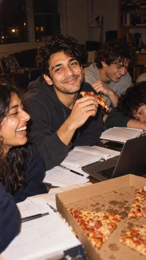 Friends studying late around laptops and a pizza box
