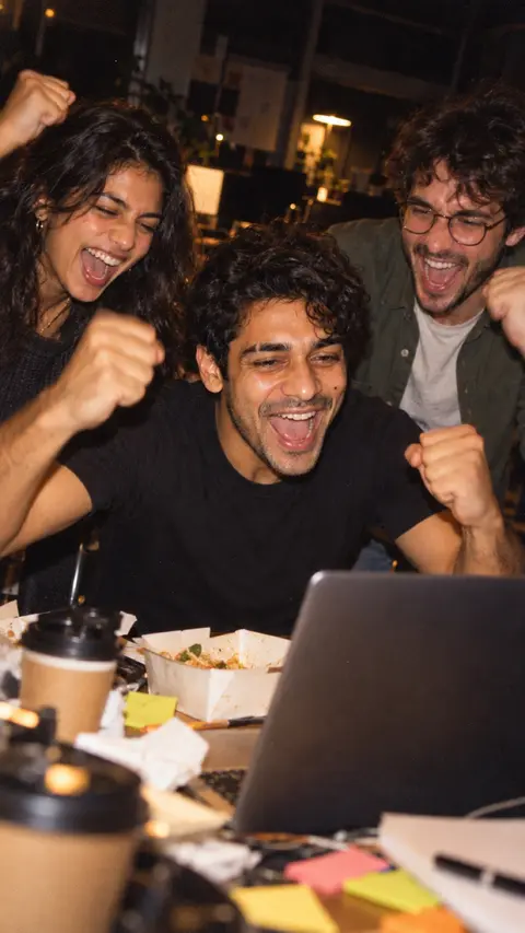 Leo and two friends cheering at a laptop
