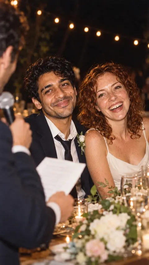 Leo and June laughing at their wedding table during a toast