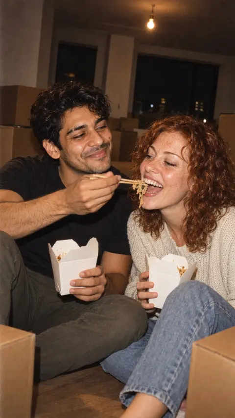 Leo and June eating takeout on the floor of an empty apartment