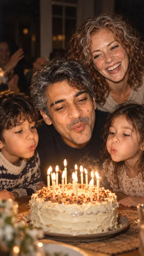 Leo blowing out birthday candles with two grandchildren and June