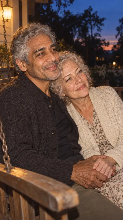 Leo and June, older, holding hands on a porch at dusk