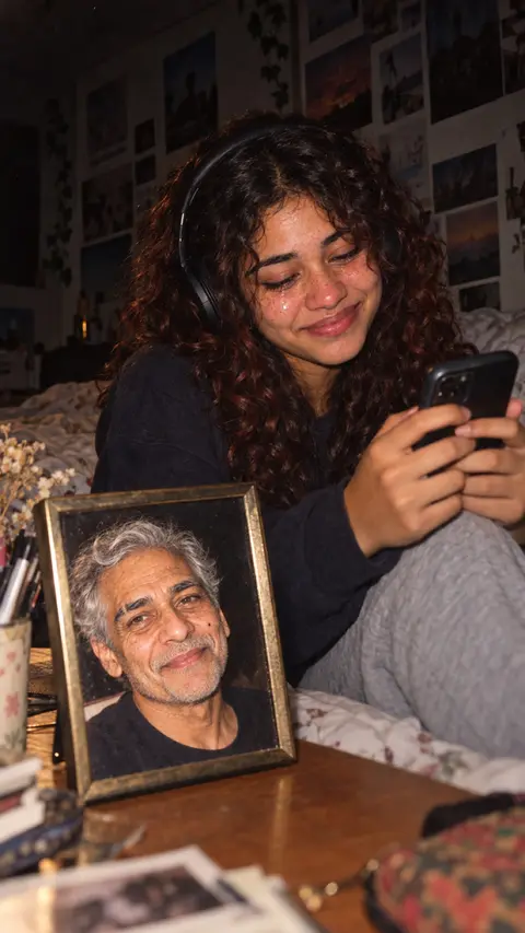 His granddaughter, years later, listening on her phone beside his photo